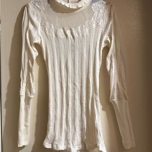 Free People Cream Lace Detail Long Sleeve Top